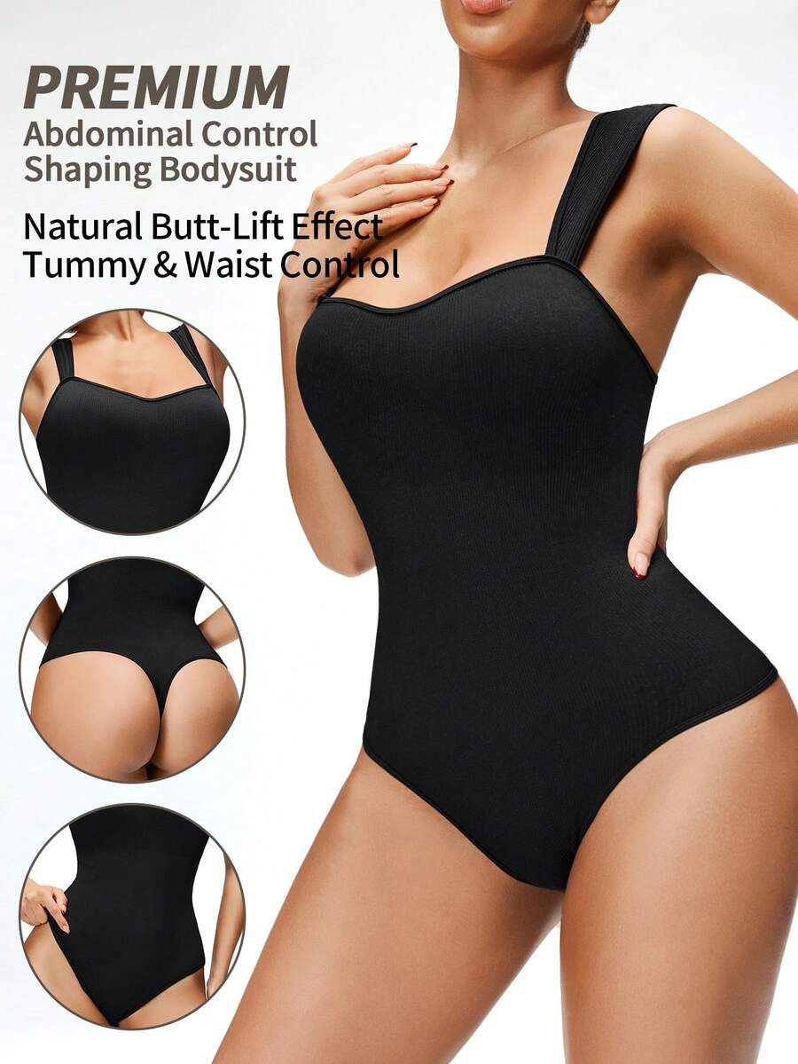 SHEIN 1 pièce Combinaison moulante minimaliste de tous les jours pour femmes, de couleur unie, galbant la taille et l'abdomen, avec un entre-jambes confortable à boutons-pression, facile à enfiler et à retirer - Noir - Voir 1