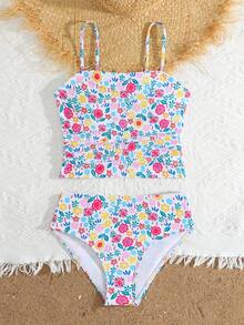 少女两件套比基尼泳衣，可爱针织向日葵多色印花，时尚保守泳装，适合海滩、游泳、度假、夏季穿着 - 彩色 - 查看 7