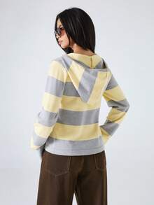 LYSMO 女士条纹长袖拉链抽绳连帽开衫 - 彩色 - 查看 2