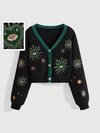 Goth Cardigan in stile gotico e misterioso da strega, con ricami di sole, luna, stelle, cuori e occhi, in colori a contrasto