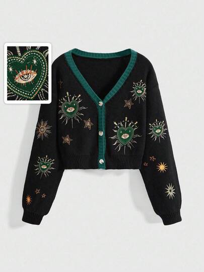 Gothic Mysterious Witch Style Sun, Moon, Star, Heart, Eye Embroidery Contrast Color Cardigan Sweater