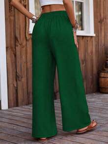 LanaWest 女士休闲纯色翻折褶裥斜插口袋阔腿裤 - 綠色 - 查看 2