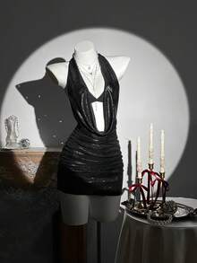 Elamini 女士深V领露背无袖连衣裙，四季皆宜 - 黑色 - 查看 5