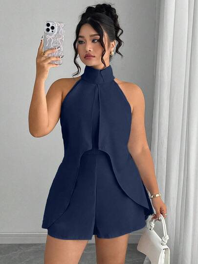 Elenzga ชุดจั๊มสูทเปิดไหล่สีพื้นแฟชั่นสำหรับสตรีไซส์ใหญ่