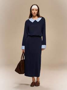 Hanevo Long Sleeve Casual Striped Collared Dress With Button Back, Suitable For Autumn, Winter, Spring - Royal Blue - View 1