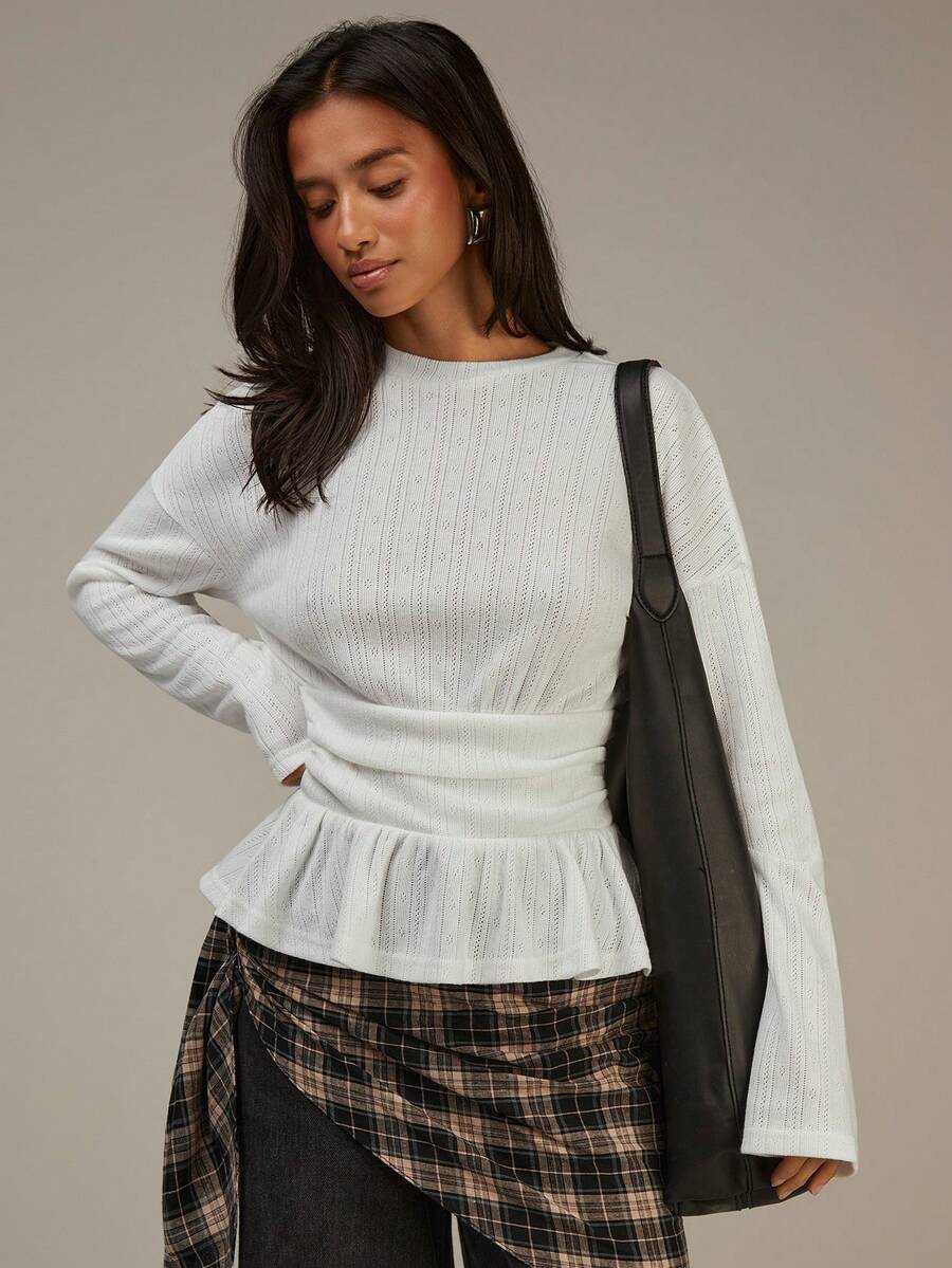 Athîral Women's White Round Neck, Drop Shoulder, Long Sleeve, Ruffled Hem Casual Top, With Pleated Waist, A-Line Hem, Fitted Silhouette, Comfortable And Warm Fabric,White Top,Casual For Women,White For New Year's Eve - White - View 1