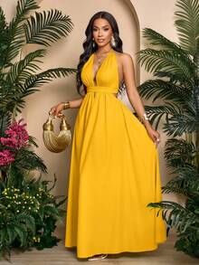 SOLERSUN 女士纯色露背吊带V领度假沙滩交叉系带露背长裙度假沙滩装 - 黃色 - 查看 7