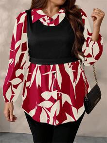 EMERY ROSE Plus Size Women Floral Print Patchwork Knit Casual Top, Autumn/Winter - Red - View 6