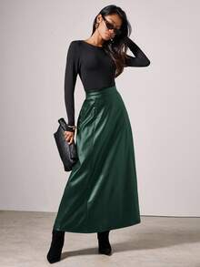 COSMINA 女士优雅高贵PU皮长裙，适合工作通勤、秋冬季穿着 - 墨綠色 - 查看 4