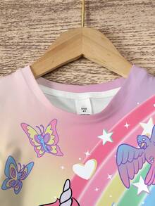 My Little Pony X SHEIN Váy cổ tròn tay ngắn họa tiết kỳ lân hoạt hình và chữ cái đơn giản cho bé gái, mùa hè - trắng - Xem 3