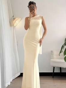 女士优雅浪漫时尚通勤性感优雅风格不对称领口紧身长裙，适合派对、海滩度假、返校、浪漫约会、婚礼季、生日、复活节、春夏连衣裙 - 卡其色 - 查看 5