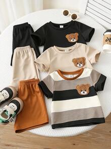 SHEIN Bộ 6 món/Bộ áo thun tay ngắn họa tiết gấu và sọc dễ thương dành cho bé trai/bé gái, phù hợp cho mùa xuân/hè, tiệc sinh nhật, đám cưới, tiệc chào đón em bé, lễ rửa tội - Màu Khaki - Xem 3