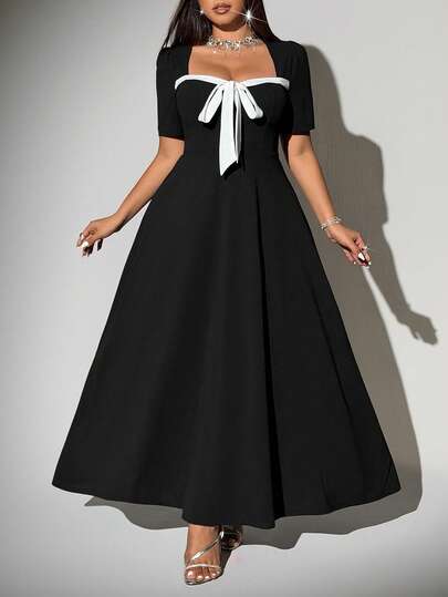 Viva Relle Plus Size Women's Color Block Knot Front Puff Sleeve Elegant Dress