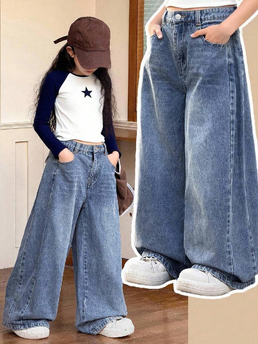SHEIN Tween 女童高腰口袋阔腿宽松休闲百搭牛仔裤，秋冬 - 中等水洗藍 - 查看 1