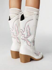 ROMWE Fairycore 1 Pair Women's Embroidered Chunky Heel Western Boots, Fashion Versatile Pointed Toe Mid-Calf Boots, All Season - White - View 5