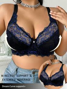 SHEIN 1pc Plus Size Lace Padded Contrast Color Sexy Bra - Black - View 4