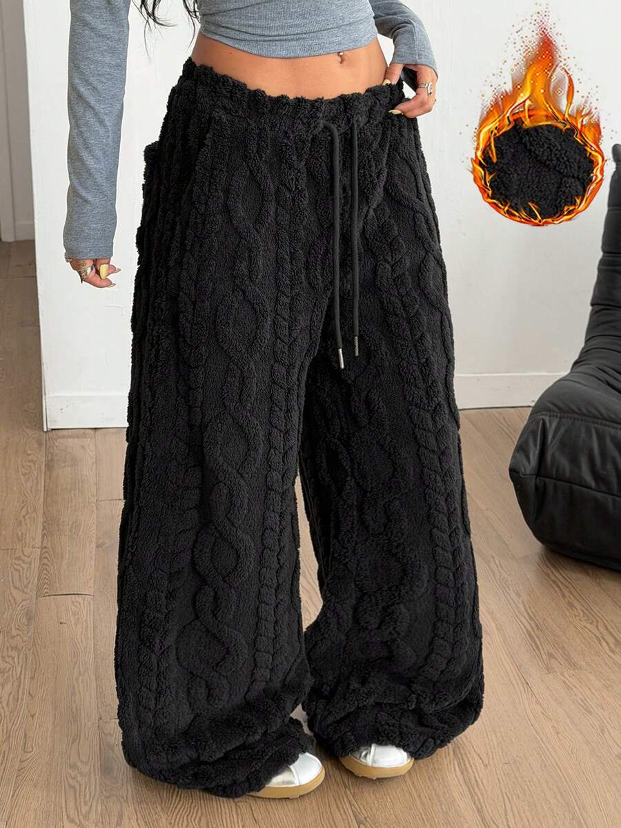 SHEIN Coolane 女士抽绳腰带蓬松纹理阔腿休闲宽松裤 - 黑色 - 查看 1