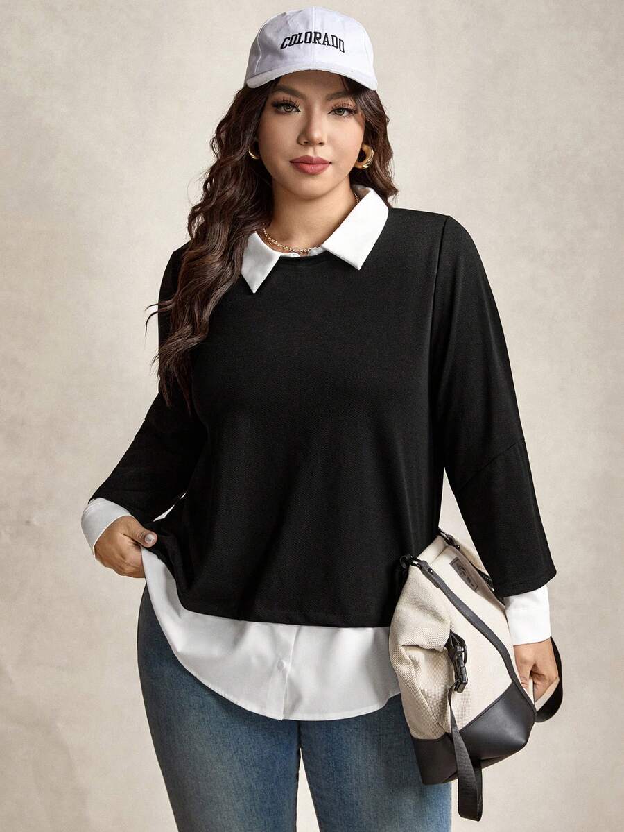 Zelara Plus 2 In 1 Contrast Collar Sweatshirt Graduation,Back To School Outfits,Graduation,Teacher Outfits For Women,Back To School Winter Fall Autumn