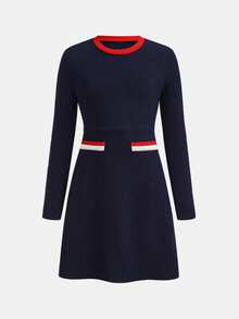 SHEIN Robe en tricot à col rond manches longues bleu marine casual avec blocs de couleur pour préadolescentes - Bleu azur - Voir 5