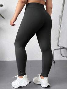 SHEIN EZwear Leggings elásticos de cintura alta de color gris oscuro de moda para tallas grandes - Gris Oscuro - Ver 2