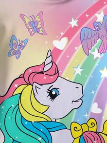 My Little Pony X SHEIN Váy cổ tròn tay ngắn họa tiết kỳ lân hoạt hình và chữ cái đơn giản cho bé gái, mùa hè - trắng - Xem 4