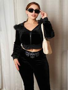 Lupita Cardoza Bộ quần ống loe cạp trễ và áo hoodie nhung ngắn Y2K Gyaru Baddie dành cho nữ - màu đen - Xem 3