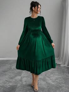 SHEIN Gaun Beludru Hamil Lengan Panjang Leher Bulat Potongan A-Line - Hijau - View 4
