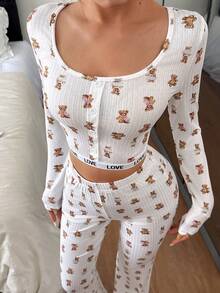 SHEIN 女士修身小熊印花圆领长袖睡衣套装 - 白色 - 查看 5