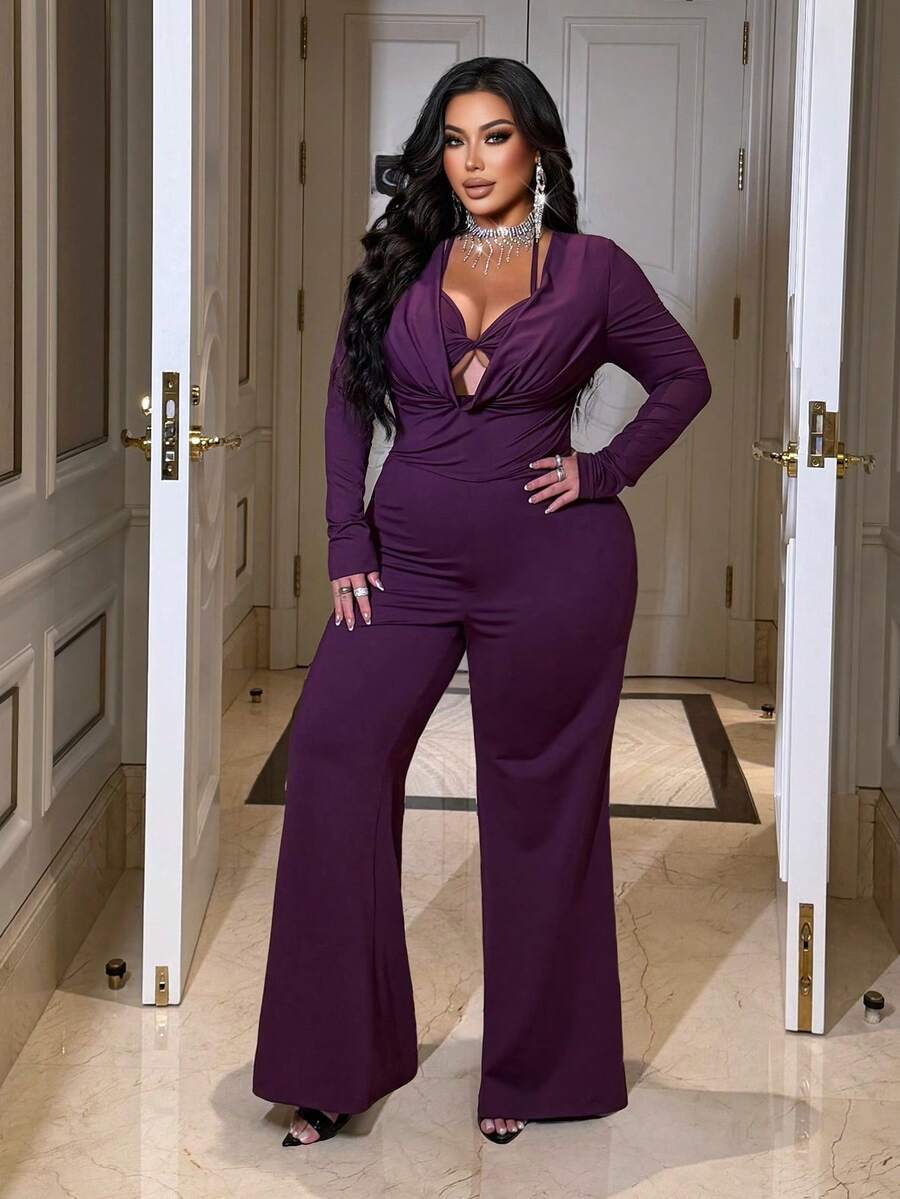 NU&NOW Plus Size Solid Color Minimalist Long Sleeve Jumpsuit, Everyday Wear - Purple - View 1