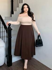 Dazy Plus Plus Size Women Solid Color Elastic Waist A-Line Long Skirt, Casual Commuting Loose Fit, Spring/Autumn - Brown - View 8