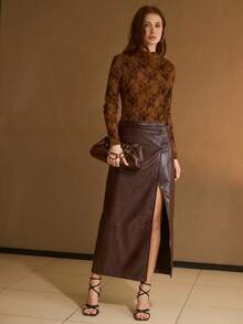 MOTF PREMIUM ALLOVER FLORAL PATTERN FUNNEL NECK LETTUCE TRIM SLIM FIT TOP - Coffee Brown - View 5