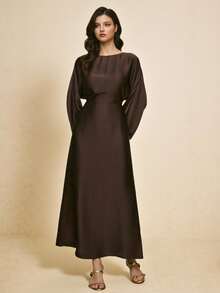 Poéselle Women's Solid Color Round Neck Lantern Sleeve Side Slit Hem Elegant Dress,Chocolate Satin Long Sleeve Maxi Dress - Elegant Side Slit Holiday Christmas Evening Gown For Women - Rust Brown - View 4