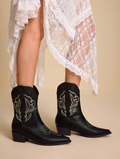 Daringsoles Women's Vintage Western Style Embroidered Mid-Calf Boots