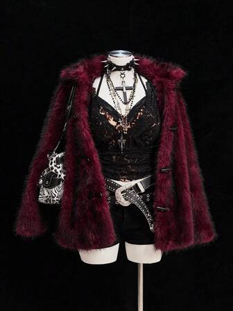 SHEIN CURVE+ Solid Color Fuzzy Retro Romantic Casual Jacket