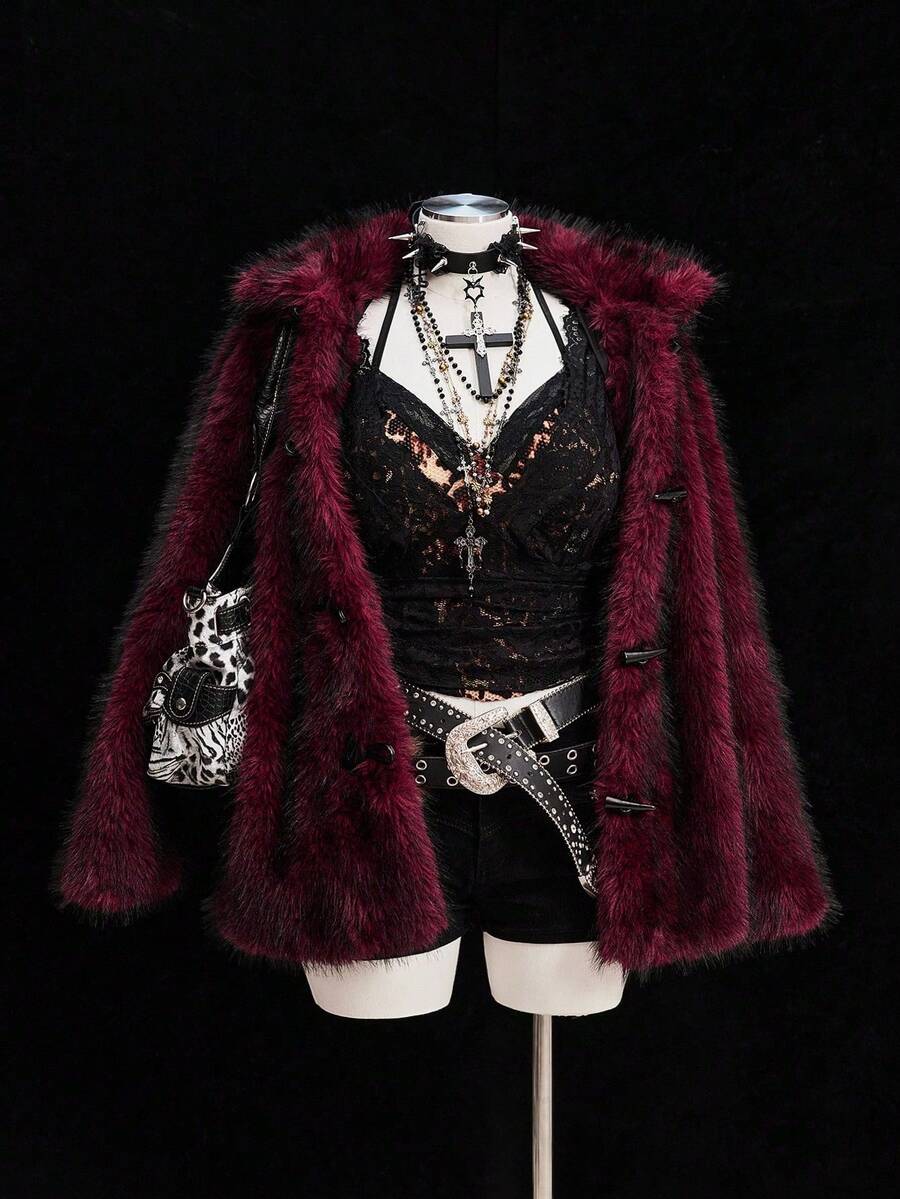 SHEIN CURVE+ Áo khoác thường ngày lãng mạn cổ điển màu trơn - Màu Đỏ Sâu - Xem 1