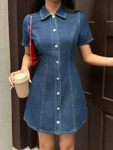 K-Vae 女式休闲短袖修身迷你牛仔连衣裙，蓝色