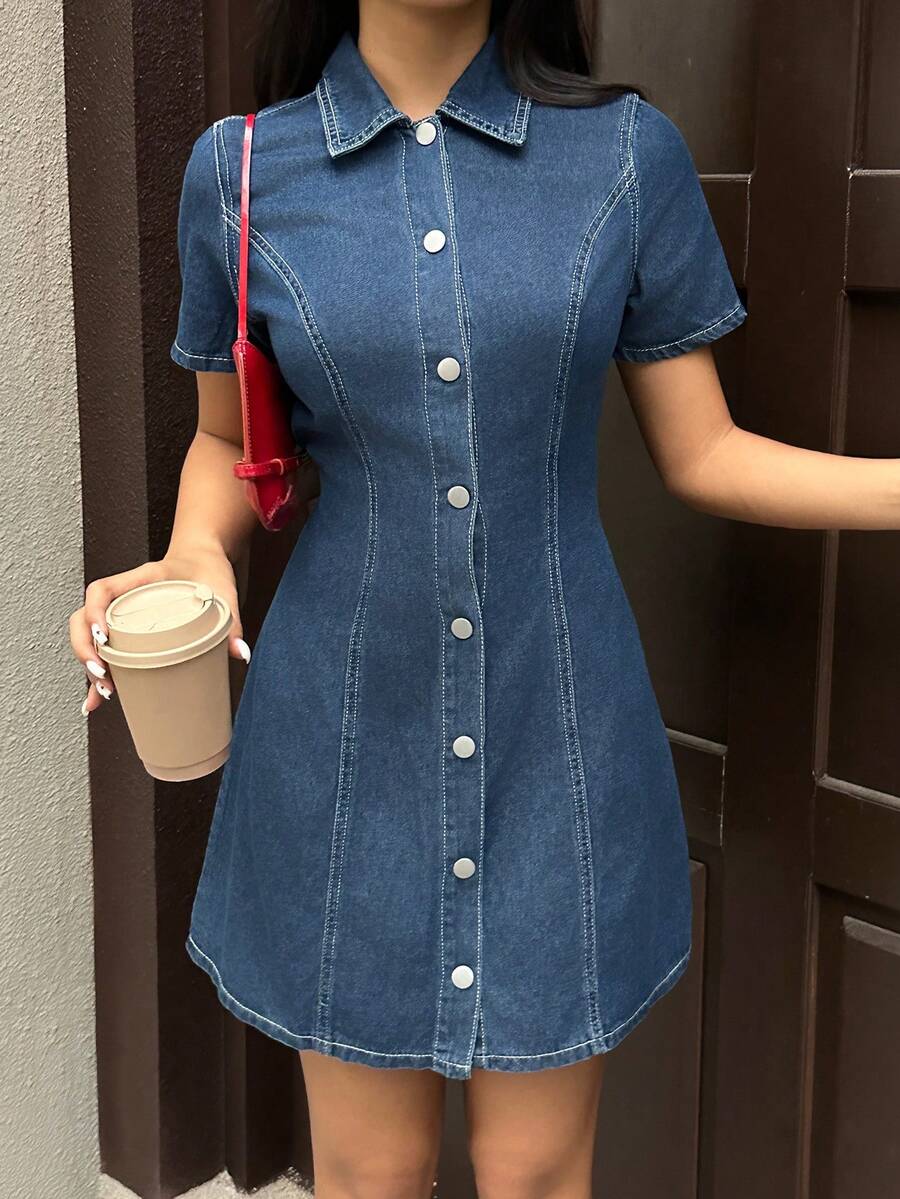 K-Vae 女式休闲短袖修身迷你牛仔连衣裙，蓝色