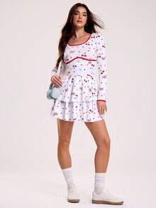 Sovereign Charm Women's Red And White Cherry Print Long Sleeve Dress,Cute Summer Vacation Outdoor Sports Mini Layered Tiered Ruffle Dress With Phone Pocket Shorts - Red and White - View 7