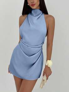 Aloruh Váy mini xếp ly hở lưng tối giản màu mơ dành cho nữ - Màu xanh bụi bặm - Xem 3