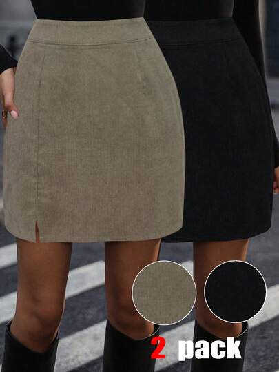 SHEIN LUNE Women's Casual Versatile Regular Waist A-Line Split Hem Two Pieces Skirt Set, Autumn/Winter