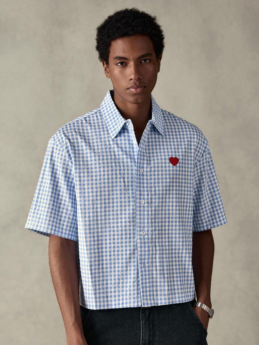 SWAVVY Męska koszula w kratę z haftem w kształcie serca i krótkim rękawem, z guzikami z przodu
