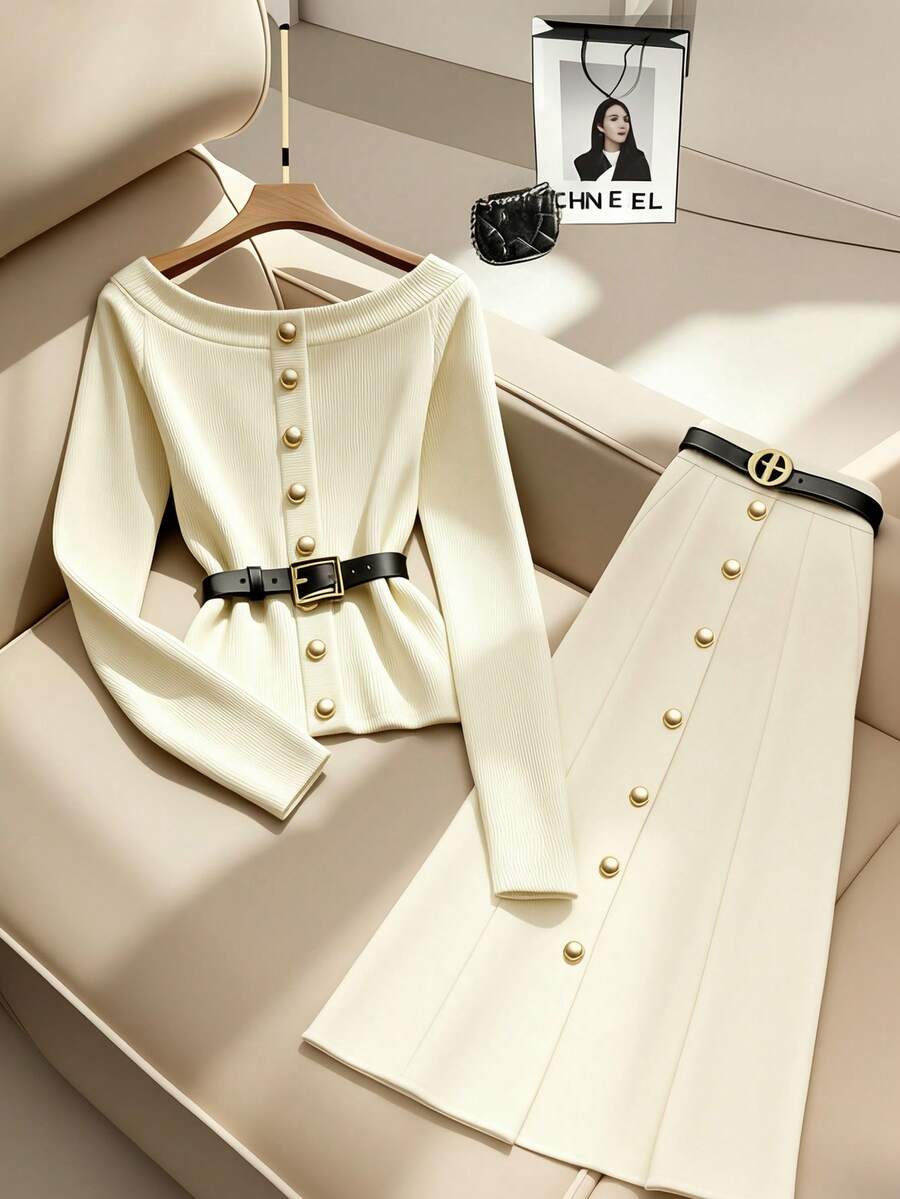 Franclia Bộ 2 món áo trễ vai trơn tay dài và chân váy cạp cao cài nút cho nữ - trắng - Xem 1