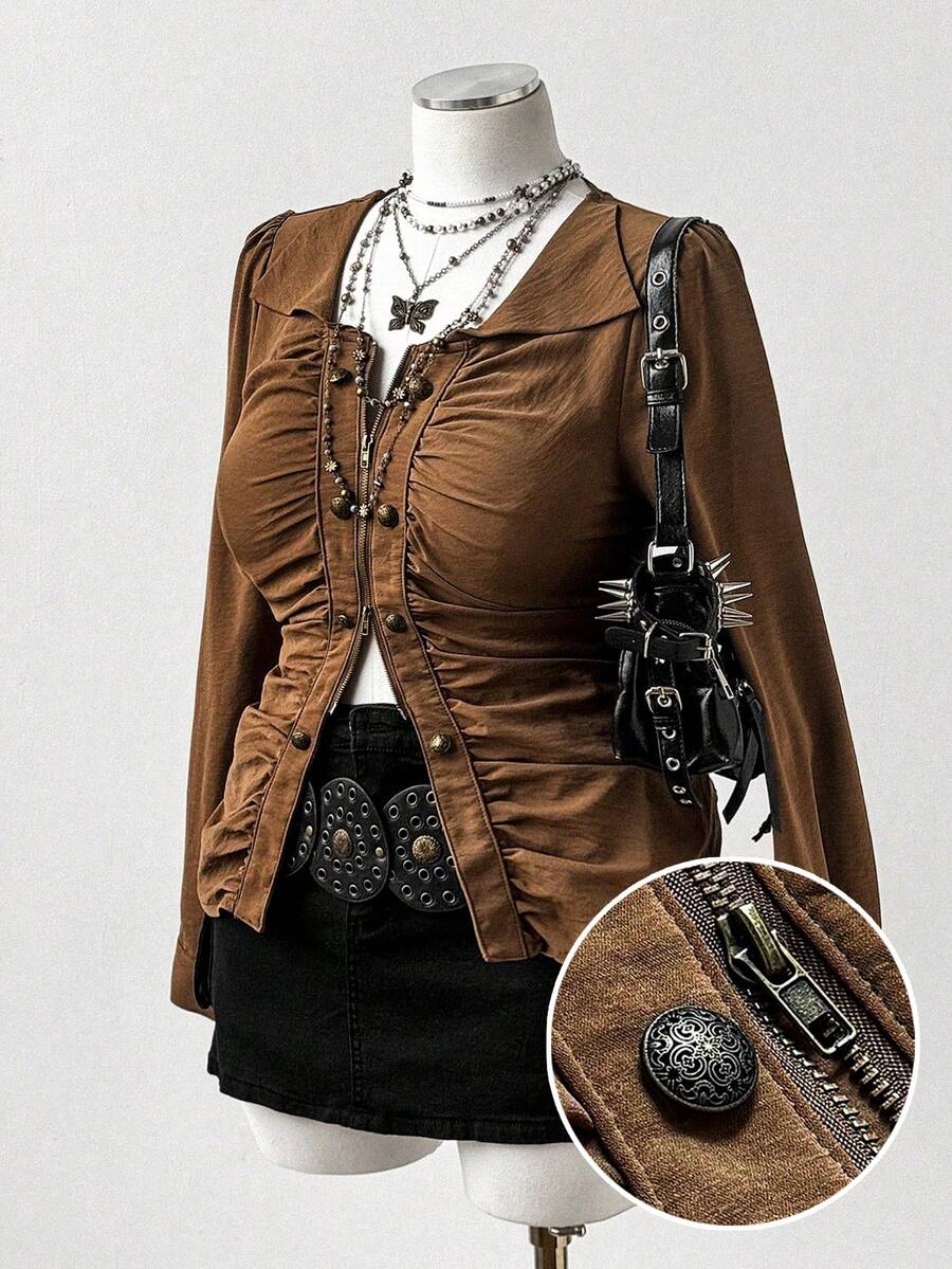 Sunspun Áo cánh tay dài ôm vừa vặn eo nhún cổ điển cỡ lớn gợi cảm - màu nâu - Xem 1