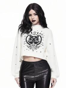 ROMWE Goth 女式高领深哥特式黑色神秘猫刺绣套头衫 - 白色 - 查看 9