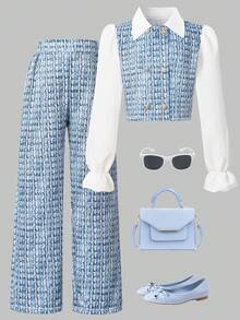 SHEIN 两件套：拼接长袖衬衫 + 休闲直筒裤 - 藍色 - 查看 1