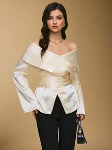 Poéselle Beige,Autumn,Elegant,Party Women's Ivory Off-Shoulder Satin Wrap Blouse,Cross-Front Long Sleeve Top With Waist-Cinching Sash,Luxe Silk-Feel Fabric,1pc - Apricot - View 7