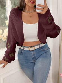 SHEIN LUNE Plus Size Women Solid Color Knitted Butterfly Embroidered Short Cardigan, Fashionable And Versatile For Autumn/Winter - Burgundy - View 3