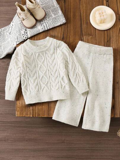 SHEIN Vintaside Kids 女宝宝圆领纯色长袖麻花针织休闲毛衣套装