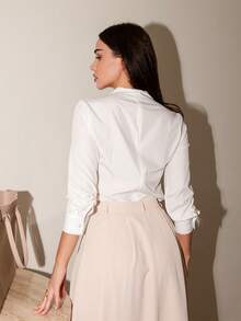 Bris Aura Women's Cross Collar Metallic Decor Elegant Office Fitted White Blouse,Long Sleeve Tops - White - View 2