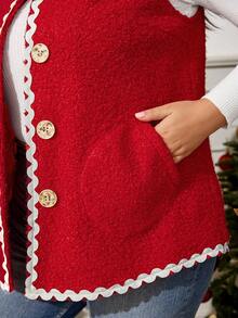 Enliva Chaleco rojo de talla grande para mujer para otoño/invierno, chaqueta con detalles de bolsillo de color contrastante, para silueta redondeada tipo manzana - Rojo - Ver 10
